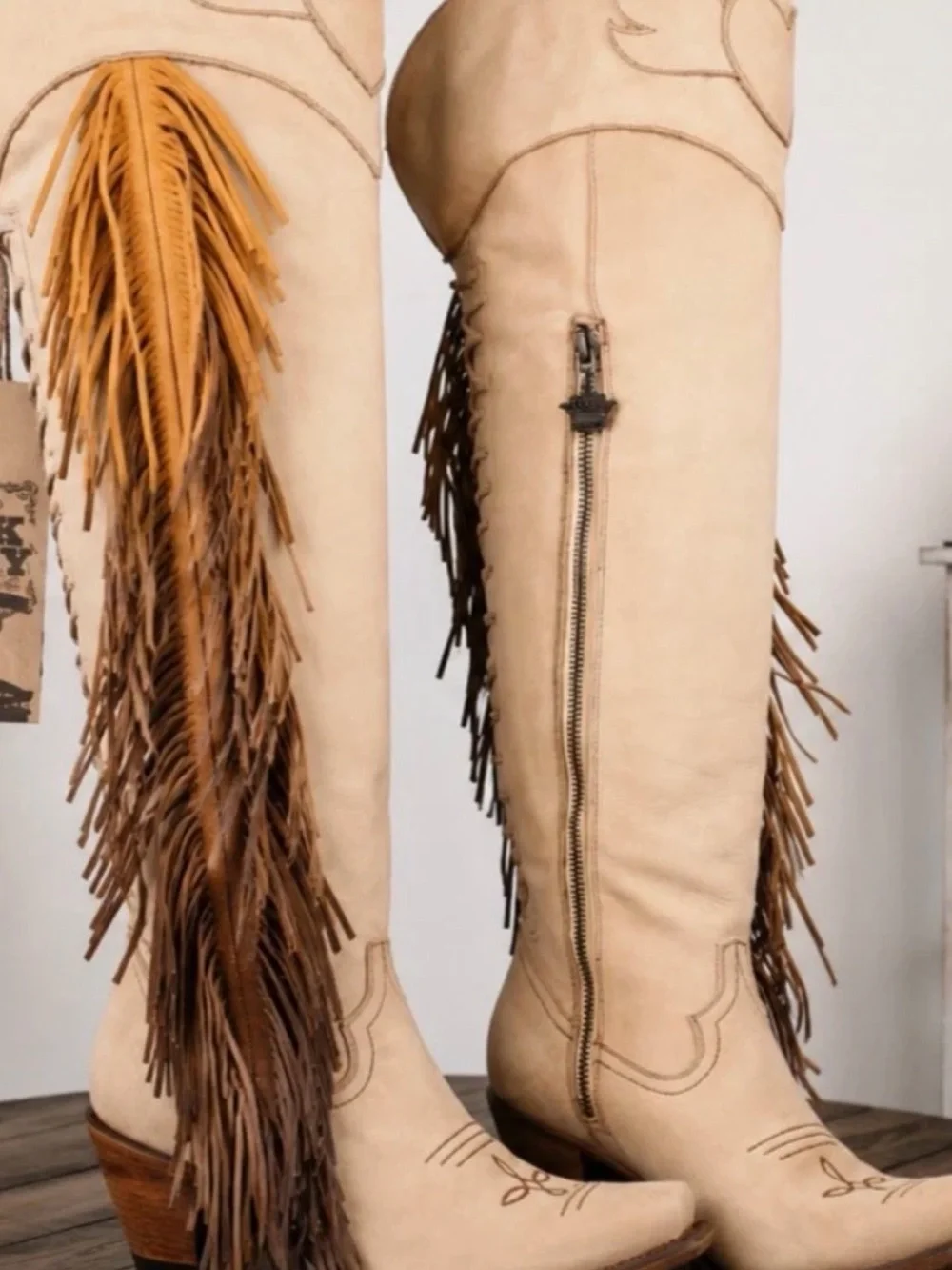 Junk Gypsy Beige Fringe Over-the-Knee Western Boots